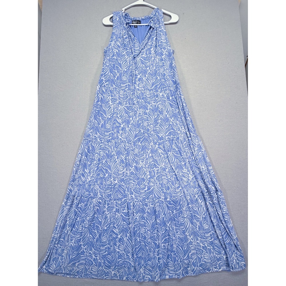 Harper 241 Maxi Dress Womens Small Good Blue Tropical Palm Print Tiered